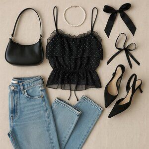 XOXO Y2K Sheer Polka-Dot Ruffle Cami | Drawstring Peplum | Black | M